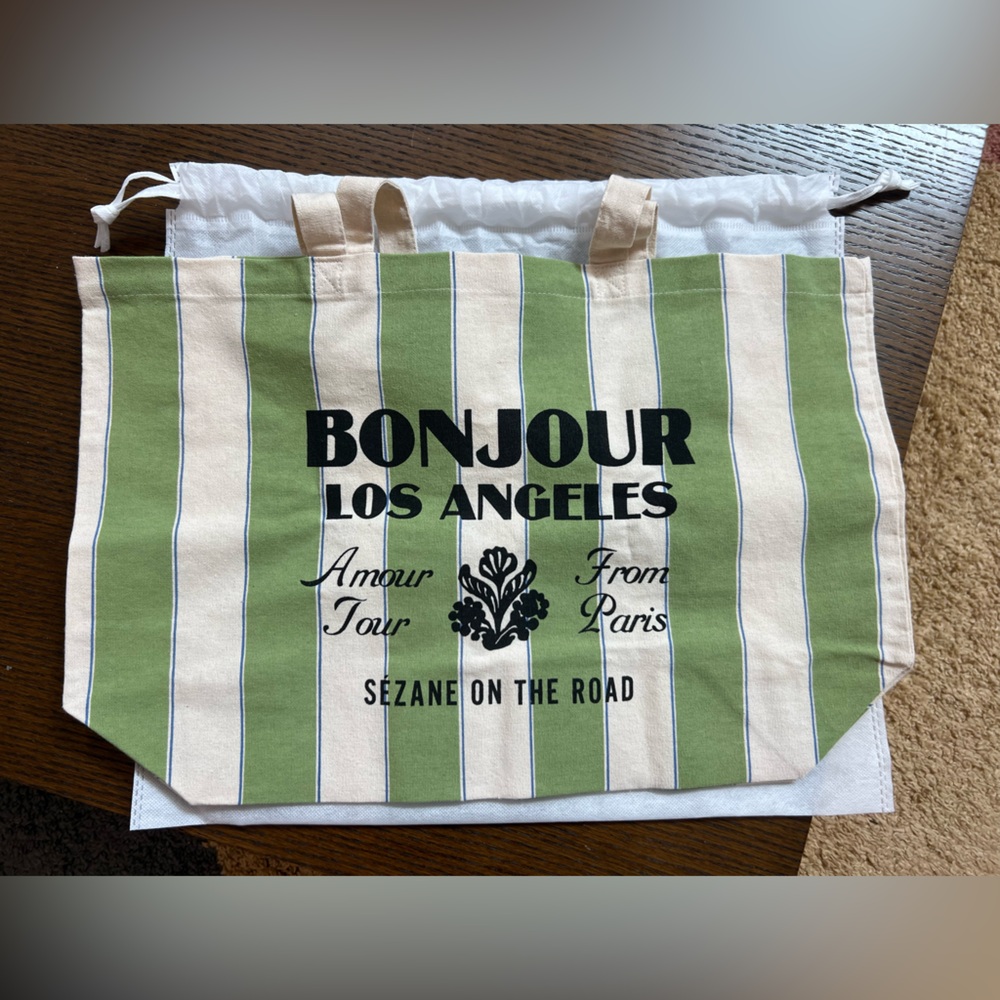 Sezane Green and Cream Striped Tote Bag